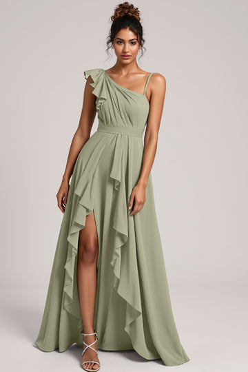 Chiffon Dusty Sage Bridesmaid Dress with Ruffles